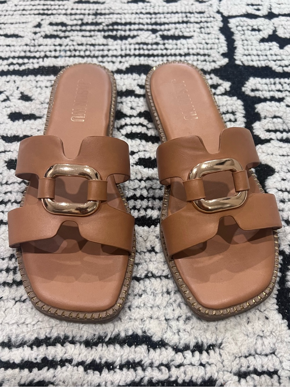 Women's Tan Leather Slide Sandals with Gold Buckle